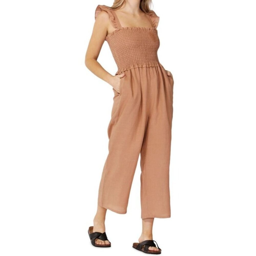 Sass Womens 12 Tan Smocked Jumpsuit Ruffle Straps Linen Blend Comfort Beachy - Picture 1 of 11